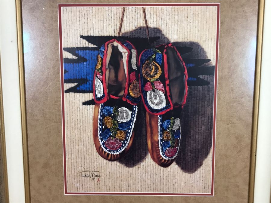 Hand Signed Judith Durr Choctaw Artist Print Showing Native American Beaded Moccasins In Nicely Matted Frame Featuring Actual Bead Pattern 33'W X 40'H [Photo 5]