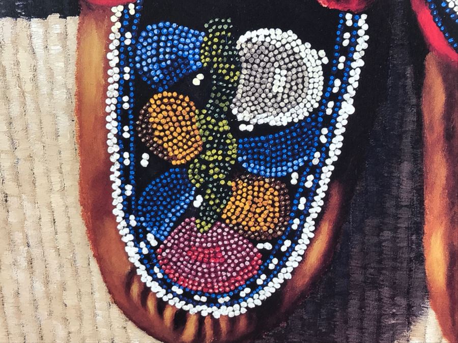 Hand Signed Judith Durr Choctaw Artist Print Showing Native American Beaded Moccasins In Nicely Matted Frame Featuring Actual Bead Pattern 33'W X 40'H [Photo 12]