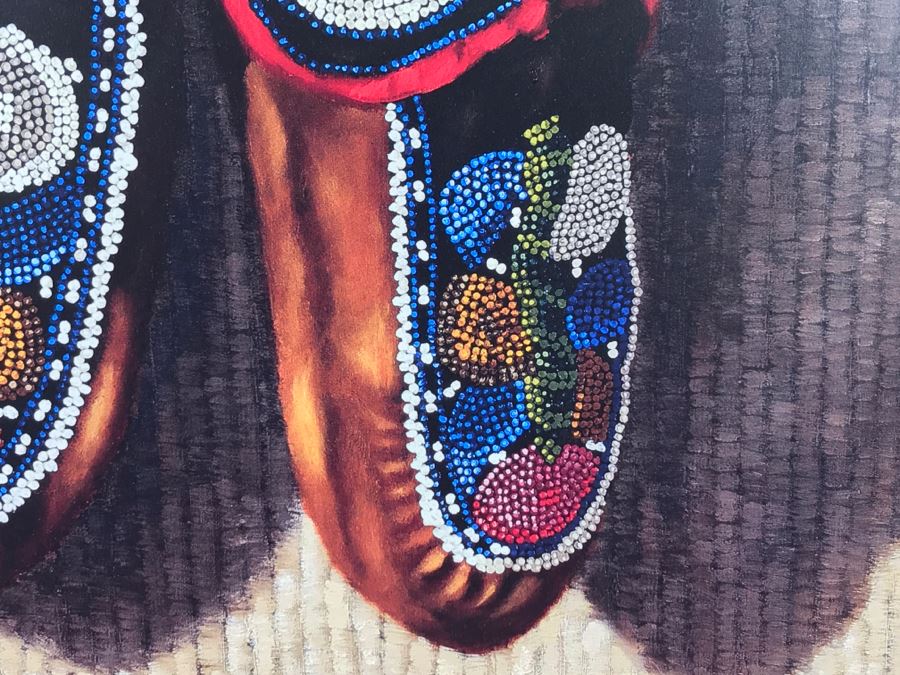 Hand Signed Judith Durr Choctaw Artist Print Showing Native American Beaded Moccasins In Nicely Matted Frame Featuring Actual Bead Pattern 33'W X 40'H [Photo 14]