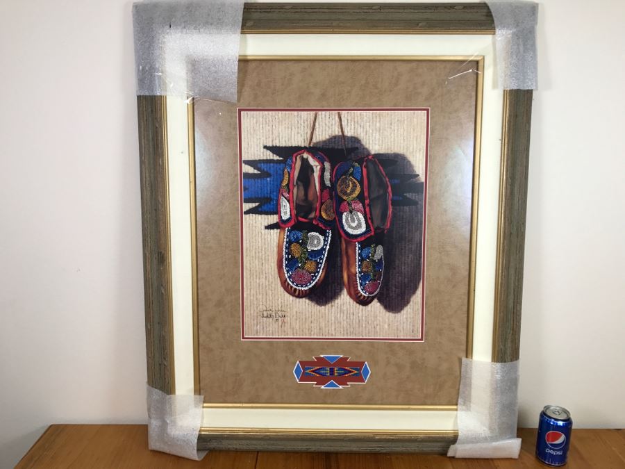 Hand Signed Judith Durr Choctaw Artist Print Showing Native American Beaded Moccasins In Nicely Matted Frame Featuring Actual Bead Pattern 33'W X 40'H [Photo 1]