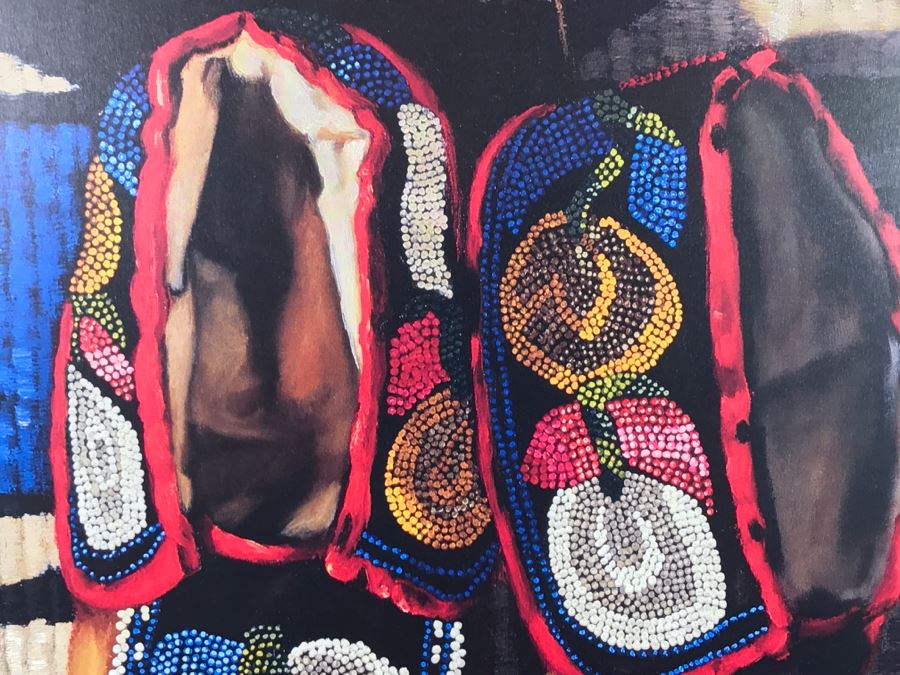 Hand Signed Judith Durr Choctaw Artist Print Showing Native American Beaded Moccasins In Nicely Matted Frame Featuring Actual Bead Pattern 33'W X 40'H [Photo 13]