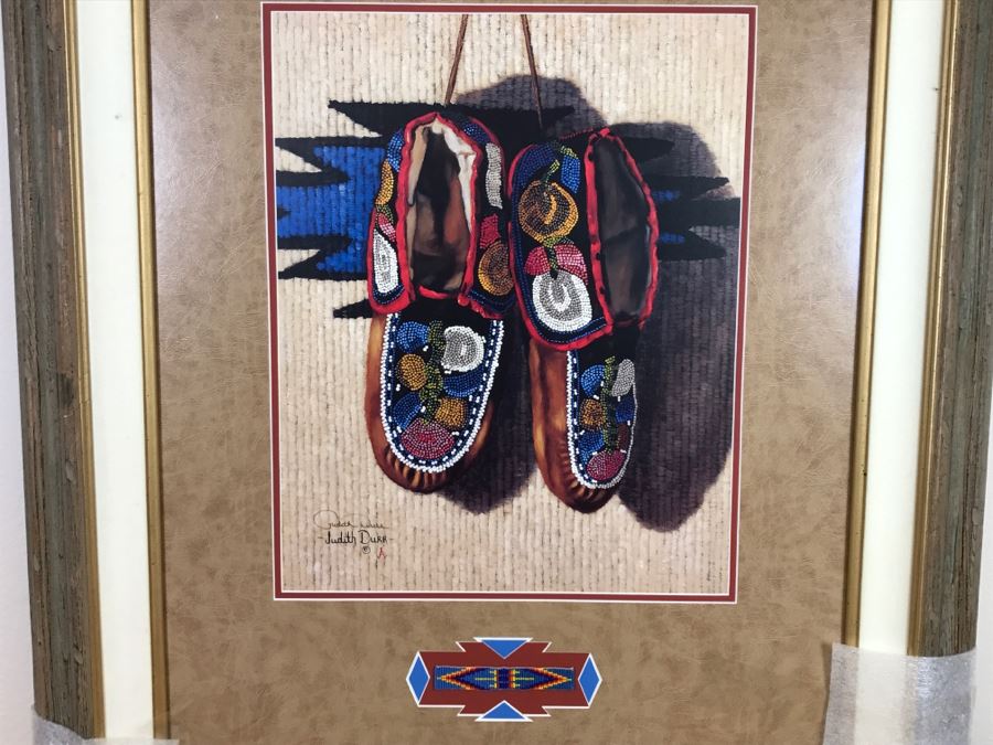 Hand Signed Judith Durr Choctaw Artist Print Showing Native American Beaded Moccasins In Nicely Matted Frame Featuring Actual Bead Pattern 33'W X 40'H [Photo 3]