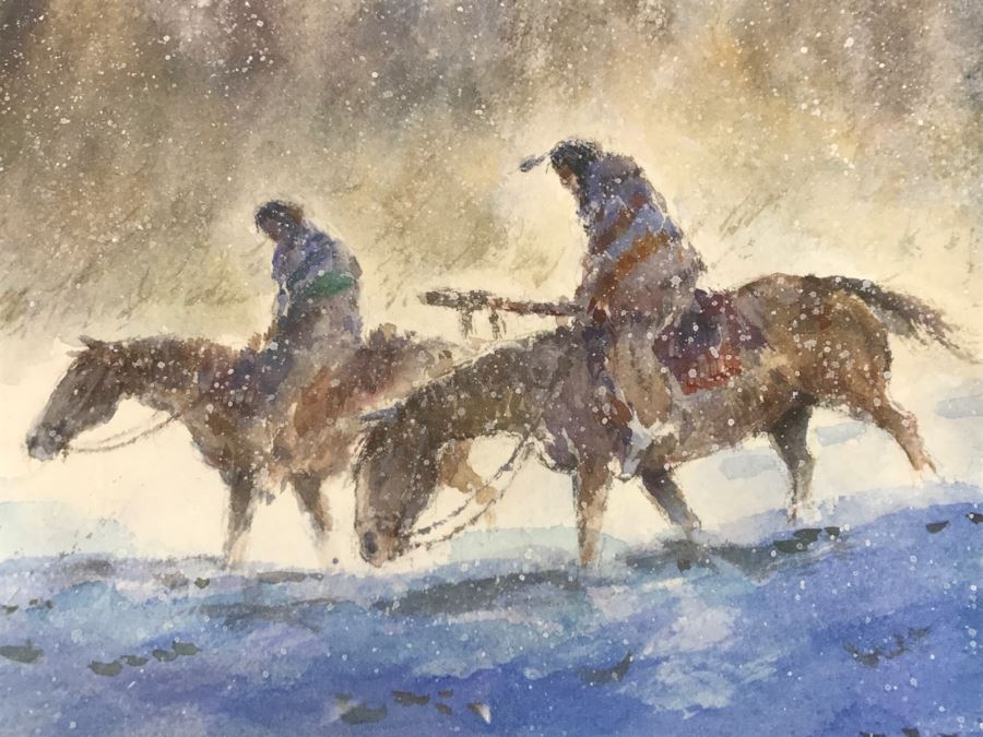 Chinese Painter Paul Kuo Original Watercolor Painting Of Native Americans Riding Horses Through Snowy Field 31'W X 25'H [Photo 3]