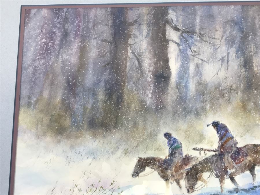 Chinese Painter Paul Kuo Original Watercolor Painting Of Native Americans Riding Horses Through Snowy Field 31'W X 25'H [Photo 8]