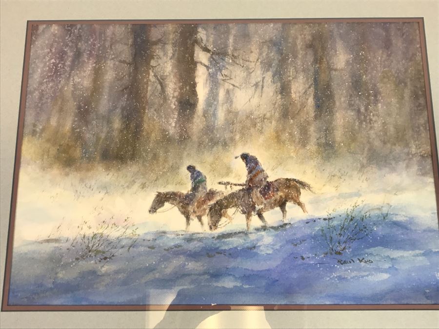 Chinese Painter Paul Kuo Original Watercolor Painting Of Native Americans Riding Horses Through Snowy Field 31'W X 25'H [Photo 12]