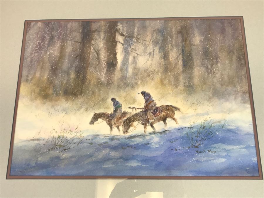 Chinese Painter Paul Kuo Original Watercolor Painting Of Native Americans Riding Horses Through Snowy Field 31'W X 25'H [Photo 5]