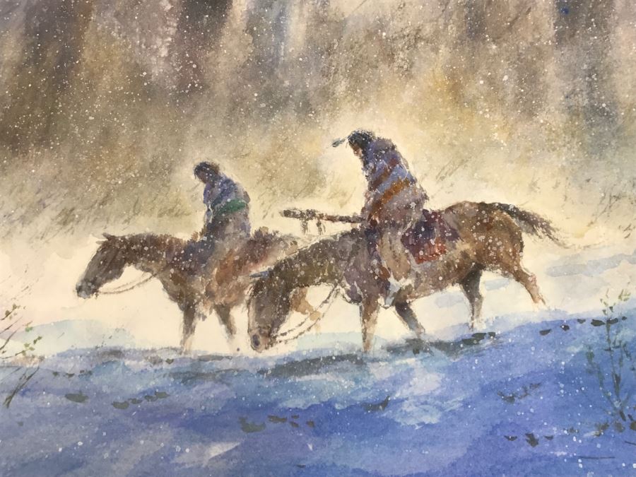 Chinese Painter Paul Kuo Original Watercolor Painting Of Native Americans Riding Horses Through Snowy Field 31'W X 25'H [Photo 6]