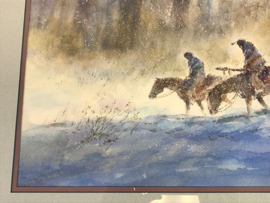 Chinese Painter Paul Kuo Original Watercolor Painting Of Native Americans Riding Horses Through Snowy Field 31'W X 25'H [Photo 11]