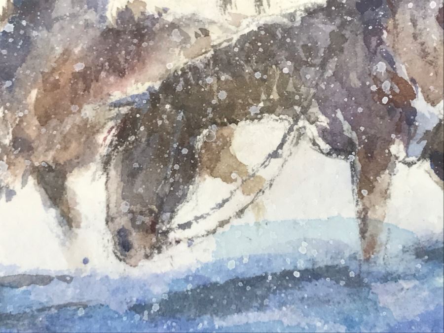 Chinese Painter Paul Kuo Original Watercolor Painting Of Native Americans Riding Horses Through Snowy Field 31'W X 25'H [Photo 16]