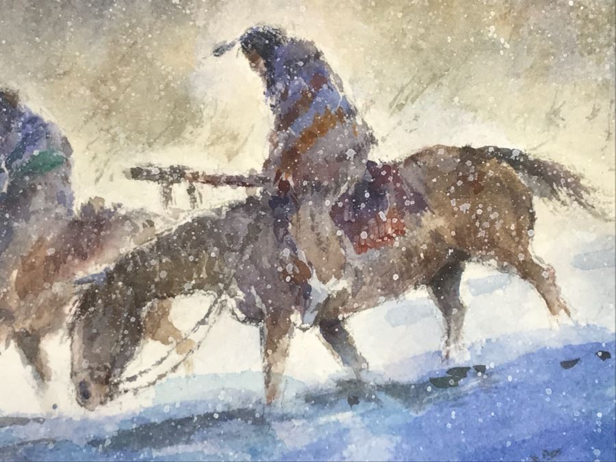 Chinese Painter Paul Kuo Original Watercolor Painting Of Native Americans Riding Horses Through Snowy Field 31'W X 25'H [Photo 14]