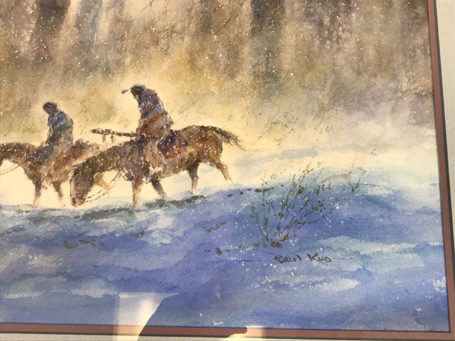 Chinese Painter Paul Kuo Original Watercolor Painting Of Native Americans Riding Horses Through Snowy Field 31'W X 25'H [Photo 10]