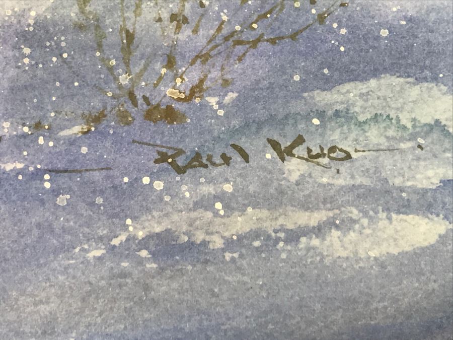 Chinese Painter Paul Kuo Original Watercolor Painting Of Native Americans Riding Horses Through Snowy Field 31'W X 25'H [Photo 2]