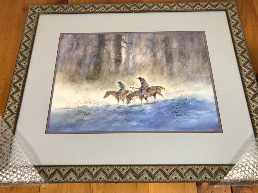 Chinese Painter Paul Kuo Original Watercolor Painting Of Native Americans Riding Horses Through Snowy Field 31'W X 25'H
