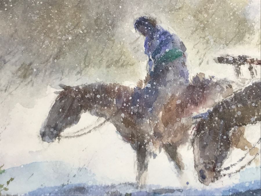 Chinese Painter Paul Kuo Original Watercolor Painting Of Native Americans Riding Horses Through Snowy Field 31'W X 25'H [Photo 13]