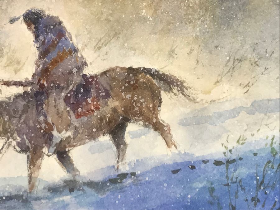 Chinese Painter Paul Kuo Original Watercolor Painting Of Native Americans Riding Horses Through Snowy Field 31'W X 25'H [Photo 15]