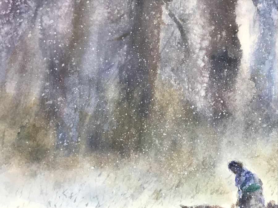 Chinese Painter Paul Kuo Original Watercolor Painting Of Native Americans Riding Horses Through Snowy Field 31'W X 25'H [Photo 7]