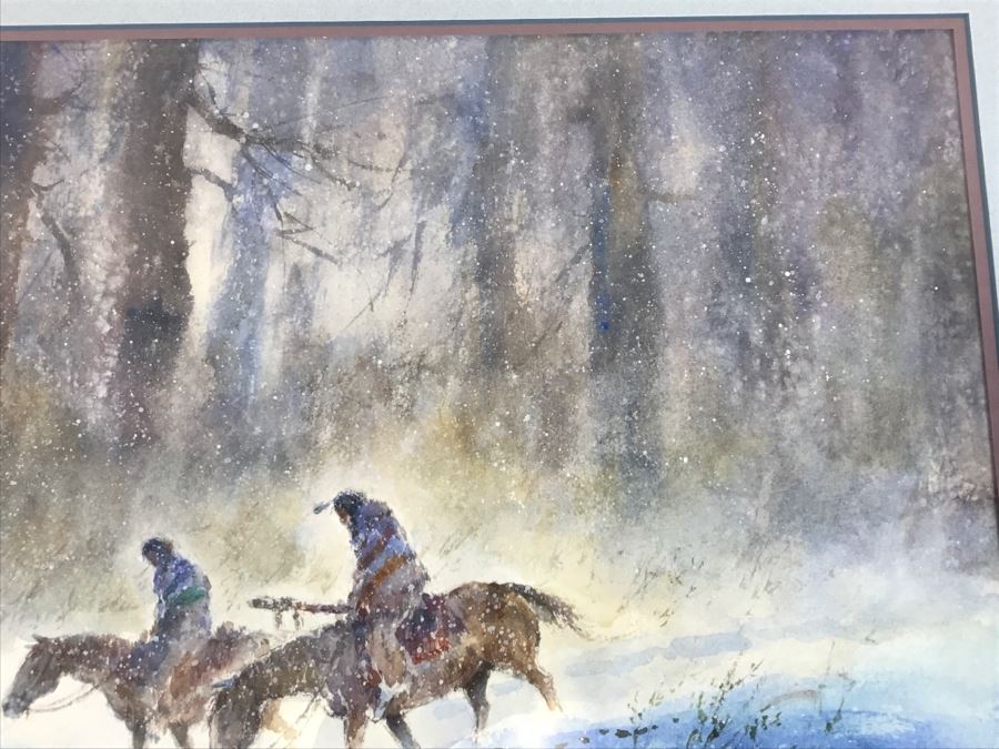 Chinese Painter Paul Kuo Original Watercolor Painting Of Native Americans Riding Horses Through Snowy Field 31'W X 25'H [Photo 9]