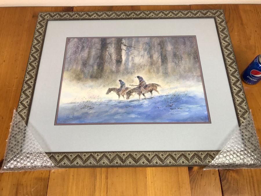 Chinese Painter Paul Kuo Original Watercolor Painting Of Native Americans Riding Horses Through Snowy Field 31'W X 25'H [Photo 4]