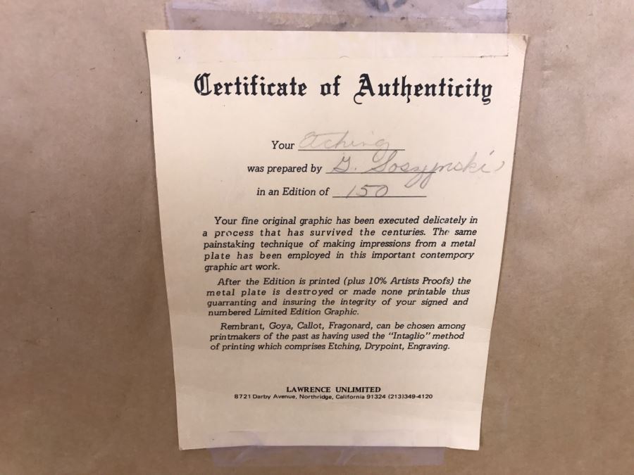 Limited Edition Etching By Gary Soszynski Titled 'Eagles Rest' 29 Of 50 With Certificate Of Authenticity On Back 29'W X 38'H [Photo 22]