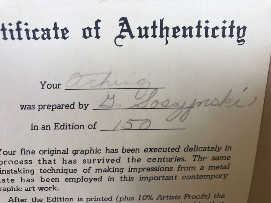 Limited Edition Etching By Gary Soszynski Titled 'Eagles Rest' 29 Of 50 With Certificate Of Authenticity On Back 29'W X 38'H [Photo 23]