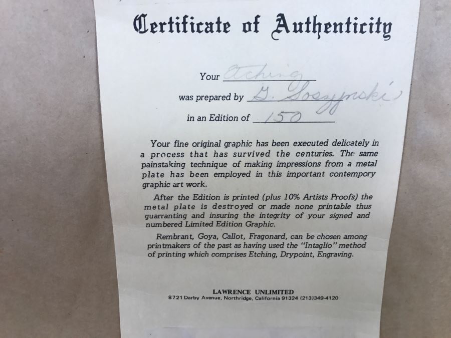 Limited Edition Etching By Gary Soszynski Titled 'Eagles Rest' 29 Of 50 With Certificate Of Authenticity On Back 29'W X 38'H [Photo 24]