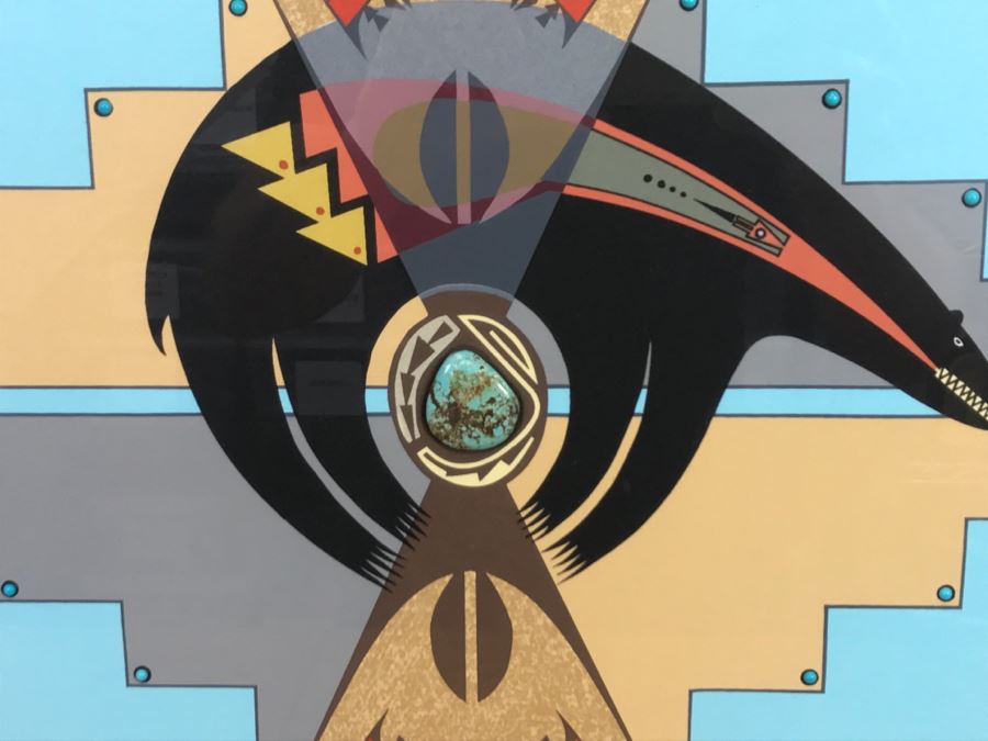 Framed Print Depicting Bear Fetish With Large Real Turquoise At Center Surrounded By Small Turquoise Stones Hand Signed By Artist TOA? TDA? 26.5'W X 26.5'H [Photo 5]
