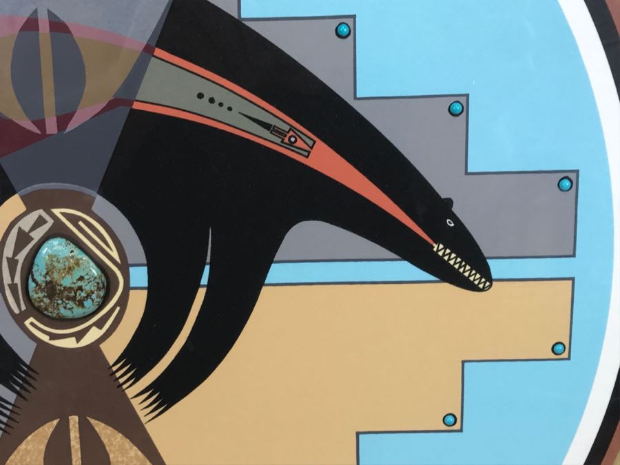 Framed Print Depicting Bear Fetish With Large Real Turquoise At Center Surrounded By Small Turquoise Stones Hand Signed By Artist TOA? TDA? 26.5'W X 26.5'H [Photo 9]