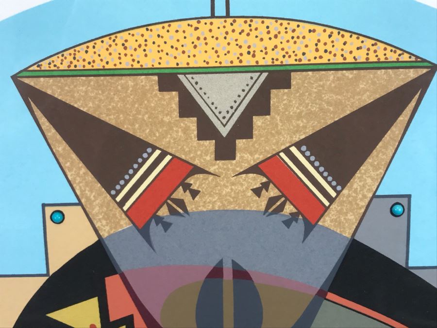 Framed Print Depicting Bear Fetish With Large Real Turquoise At Center Surrounded By Small Turquoise Stones Hand Signed By Artist TOA? TDA? 26.5'W X 26.5'H [Photo 8]