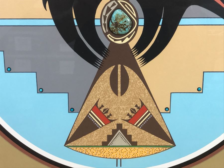 Framed Print Depicting Bear Fetish With Large Real Turquoise At Center Surrounded By Small Turquoise Stones Hand Signed By Artist TOA? TDA? 26.5'W X 26.5'H [Photo 10]