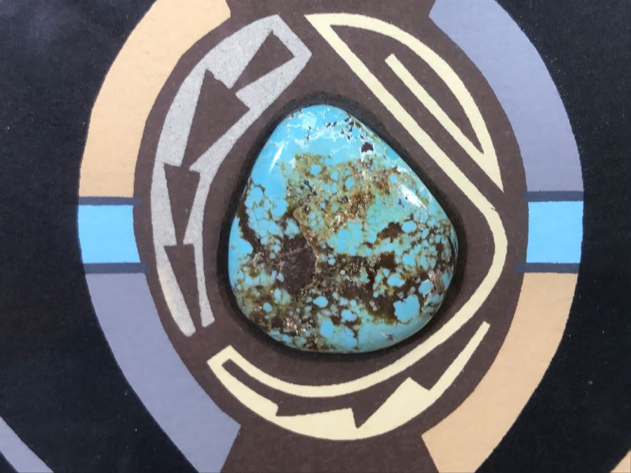 Framed Print Depicting Bear Fetish With Large Real Turquoise At Center Surrounded By Small Turquoise Stones Hand Signed By Artist TOA? TDA? 26.5'W X 26.5'H [Photo 13]