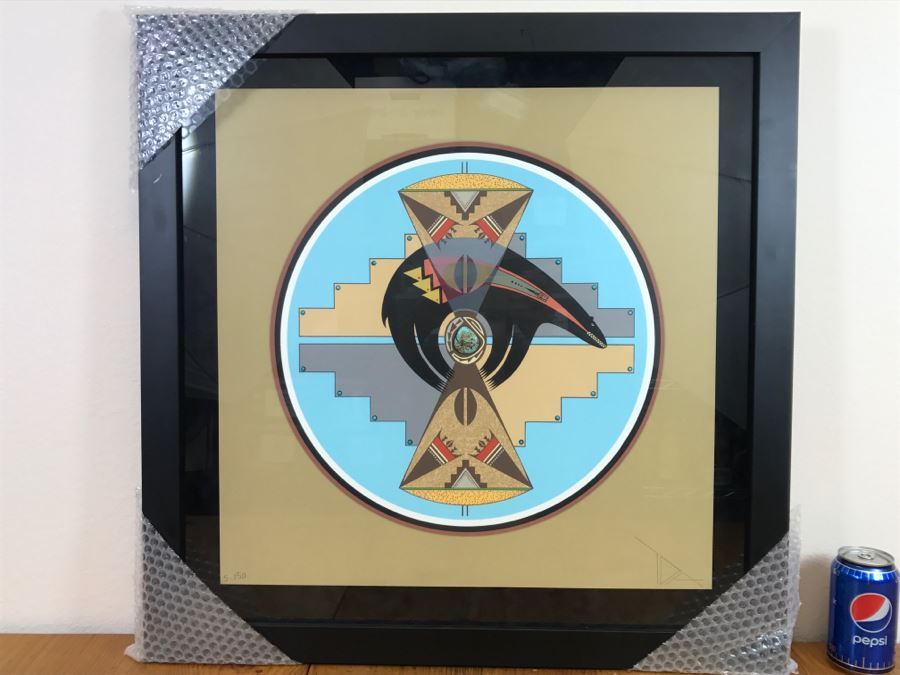 Framed Print Depicting Bear Fetish With Large Real Turquoise At Center Surrounded By Small Turquoise Stones Hand Signed By Artist TOA? TDA? 26.5'W X 26.5'H [Photo 2]