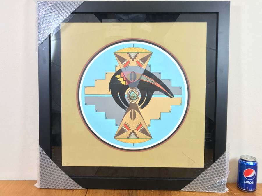 Framed Print Depicting Bear Fetish With Large Real Turquoise At Center Surrounded By Small Turquoise Stones Hand Signed By Artist TOA? TDA? 26.5'W X 26.5'H [Photo 1]