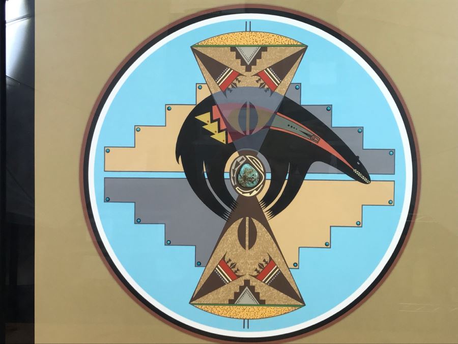 Framed Print Depicting Bear Fetish With Large Real Turquoise At Center Surrounded By Small Turquoise Stones Hand Signed By Artist TOA? TDA? 26.5'W X 26.5'H [Photo 3]