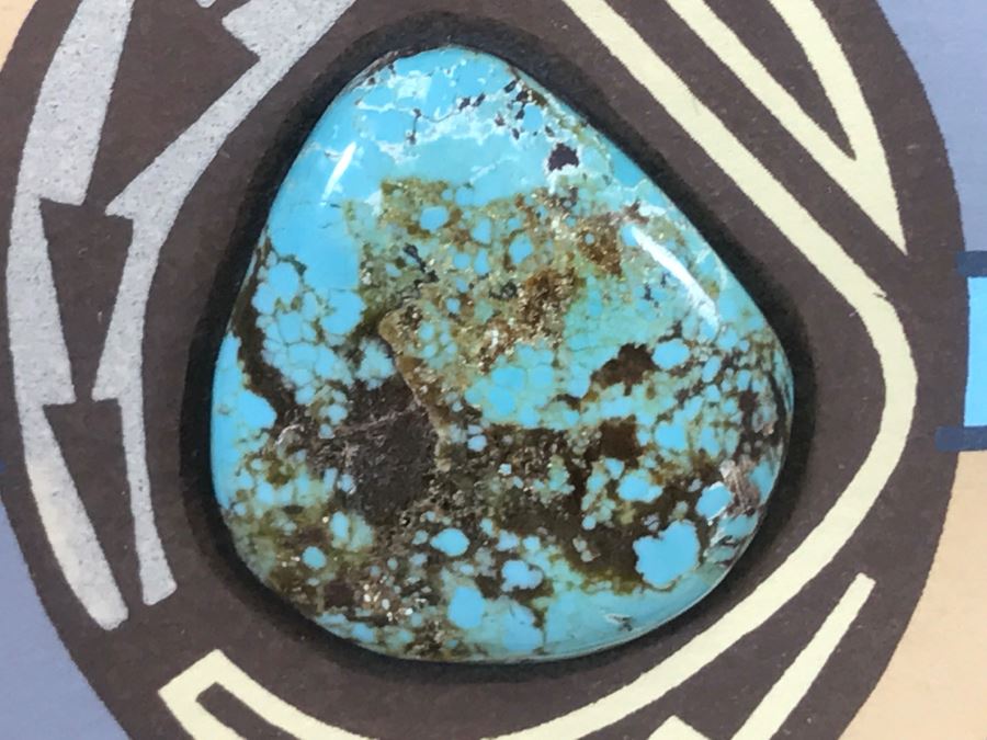 Framed Print Depicting Bear Fetish With Large Real Turquoise At Center Surrounded By Small Turquoise Stones Hand Signed By Artist TOA? TDA? 26.5'W X 26.5'H [Photo 7]