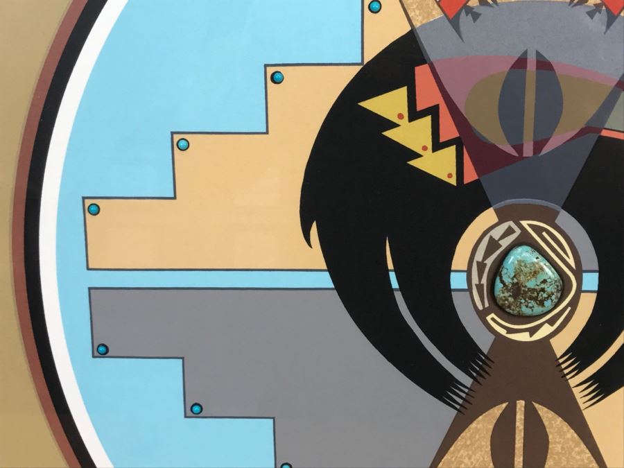 Framed Print Depicting Bear Fetish With Large Real Turquoise At Center Surrounded By Small Turquoise Stones Hand Signed By Artist TOA? TDA? 26.5'W X 26.5'H [Photo 11]