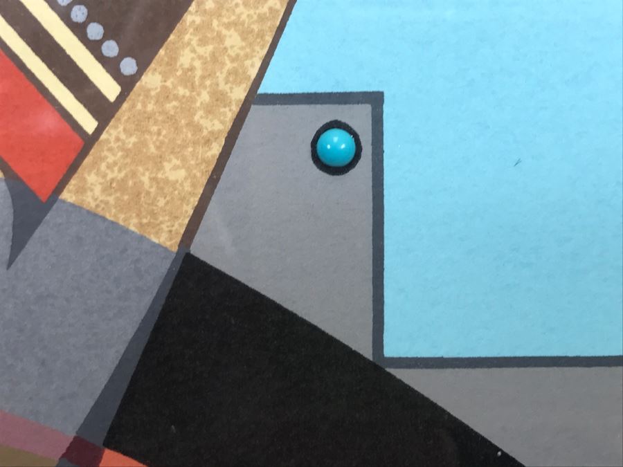 Framed Print Depicting Bear Fetish With Large Real Turquoise At Center Surrounded By Small Turquoise Stones Hand Signed By Artist TOA? TDA? 26.5'W X 26.5'H [Photo 14]