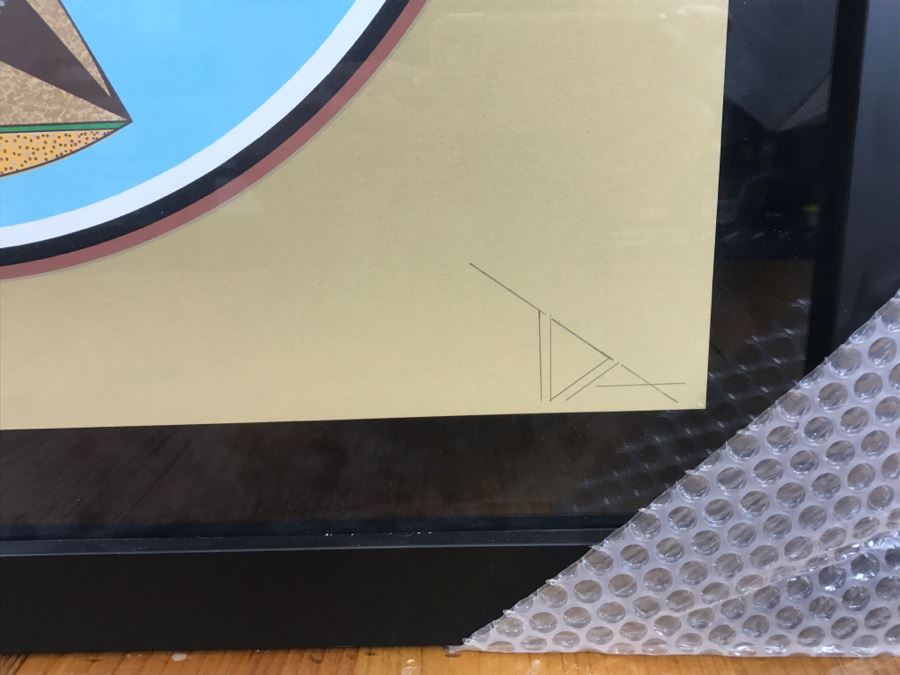 Framed Print Depicting Bear Fetish With Large Real Turquoise At Center Surrounded By Small Turquoise Stones Hand Signed By Artist TOA? TDA? 26.5'W X 26.5'H [Photo 18]