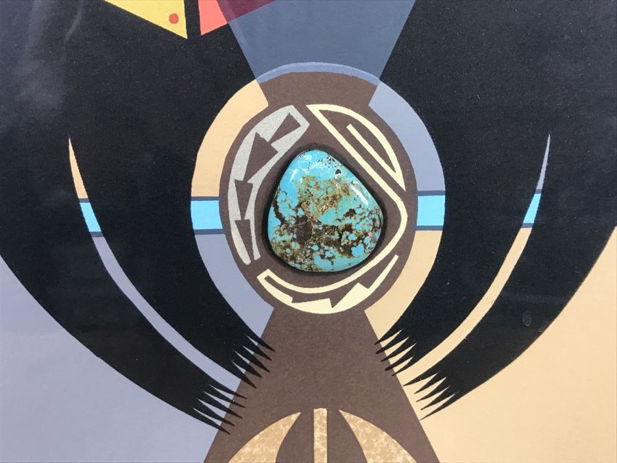 Framed Print Depicting Bear Fetish With Large Real Turquoise At Center Surrounded By Small Turquoise Stones Hand Signed By Artist TOA? TDA? 26.5'W X 26.5'H [Photo 6]