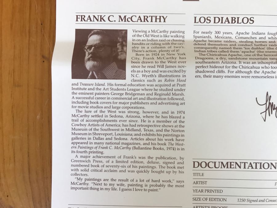 1989 Frank C. McCarthy Limited Edition Print Titled 'Los Diablos' 343 Of 1250 Hand Signed By Artist 34'W X 33'H [Photo 22]