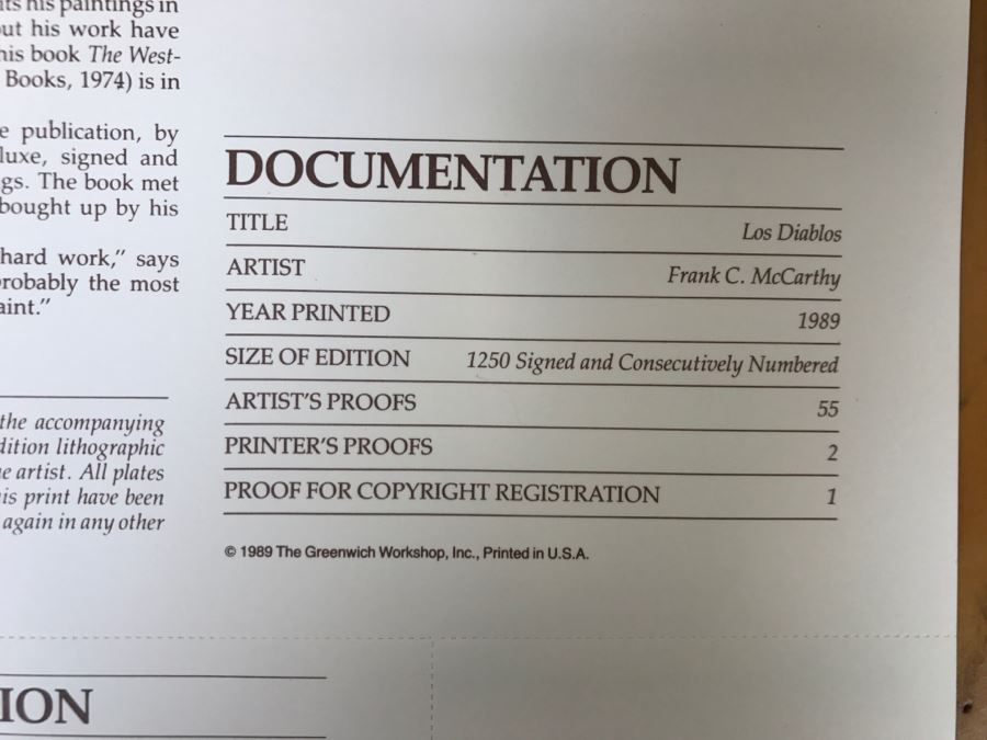 1989 Frank C. McCarthy Limited Edition Print Titled 'Los Diablos' 343 Of 1250 Hand Signed By Artist 34'W X 33'H [Photo 23]