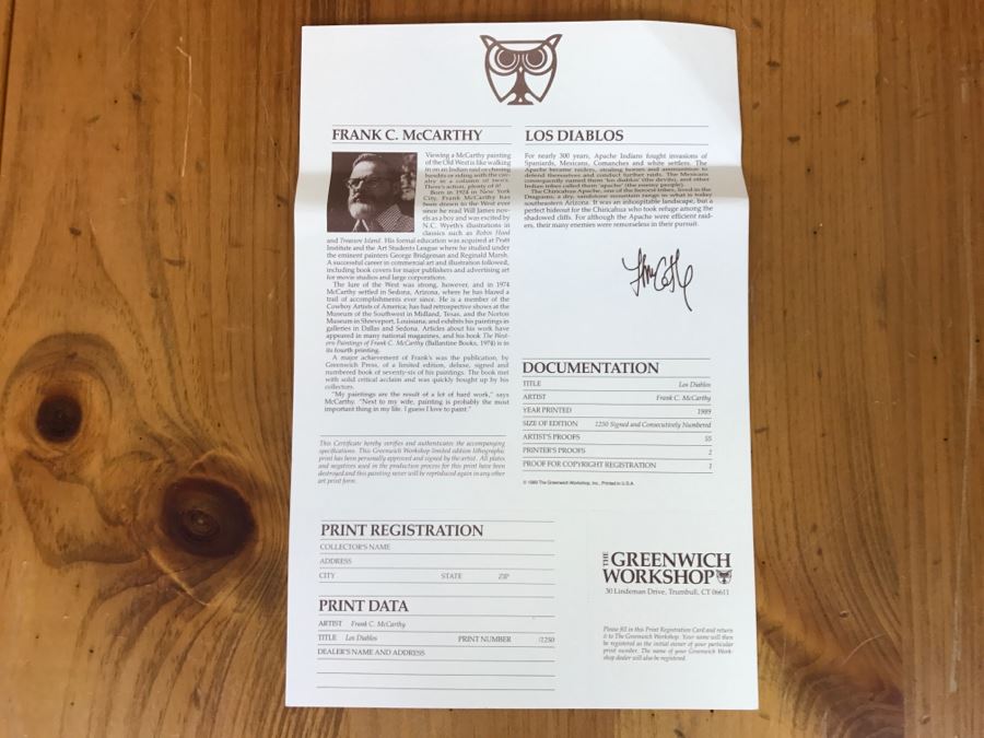 1989 Frank C. McCarthy Limited Edition Print Titled 'Los Diablos' 343 Of 1250 Hand Signed By Artist 34'W X 33'H [Photo 20]