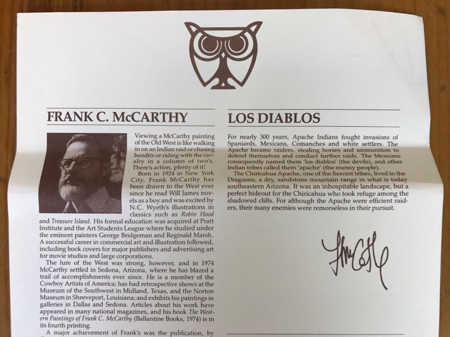 1989 Frank C. McCarthy Limited Edition Print Titled 'Los Diablos' 343 Of 1250 Hand Signed By Artist 34'W X 33'H [Photo 21]