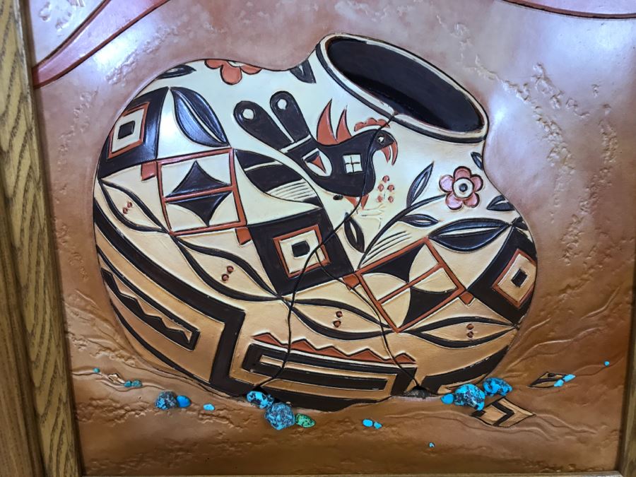 Tooled Leather Hand Painted Relief Artwork Depicting Native American Pottery With Real Turquoise Chunks 21'W X 25'H [Photo 3]