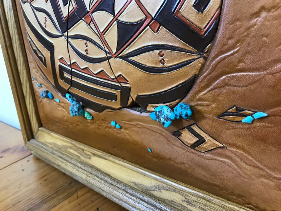 Tooled Leather Hand Painted Relief Artwork Depicting Native American Pottery With Real Turquoise Chunks 21'W X 25'H [Photo 12]