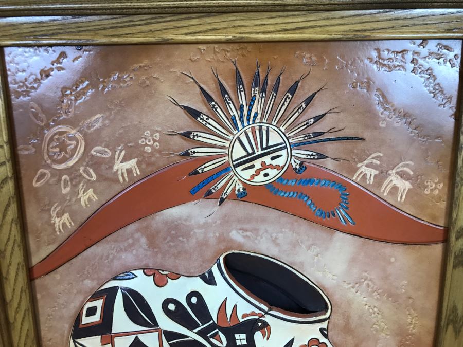 Tooled Leather Hand Painted Relief Artwork Depicting Native American Pottery With Real Turquoise Chunks 21'W X 25'H [Photo 15]