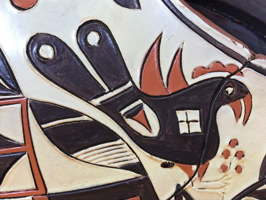 Tooled Leather Hand Painted Relief Artwork Depicting Native American Pottery With Real Turquoise Chunks 21'W X 25'H [Photo 21]