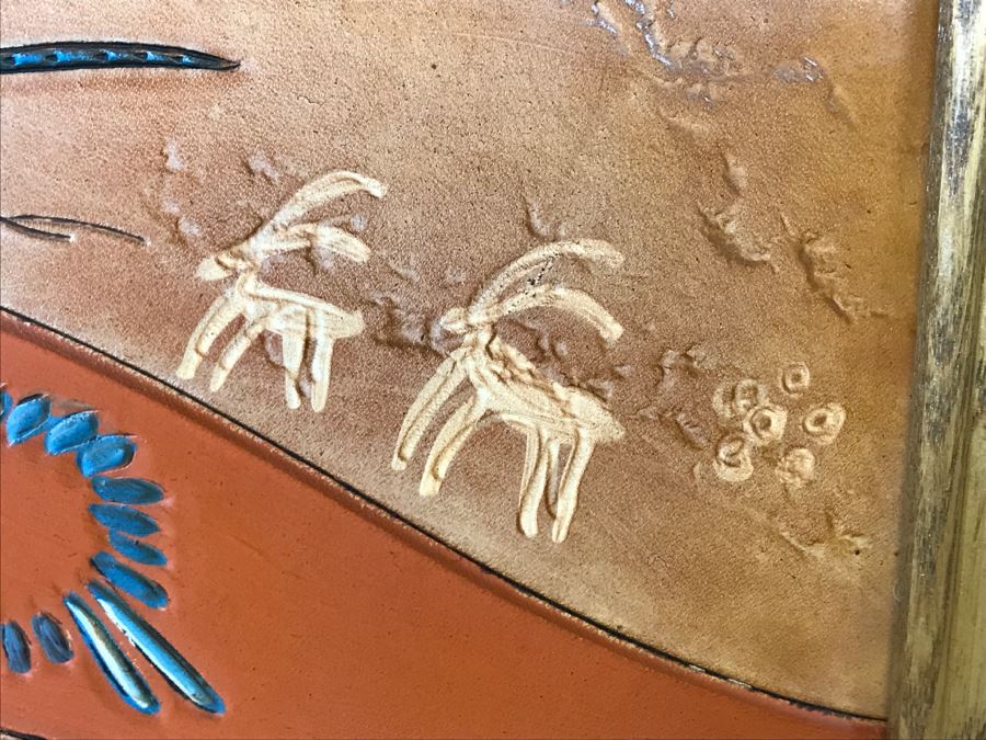 Tooled Leather Hand Painted Relief Artwork Depicting Native American Pottery With Real Turquoise Chunks 21'W X 25'H [Photo 19]