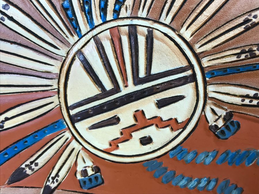 Tooled Leather Hand Painted Relief Artwork Depicting Native American Pottery With Real Turquoise Chunks 21'W X 25'H [Photo 17]