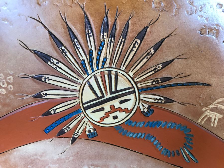 Tooled Leather Hand Painted Relief Artwork Depicting Native American Pottery With Real Turquoise Chunks 21'W X 25'H [Photo 16]