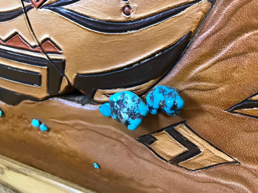 Tooled Leather Hand Painted Relief Artwork Depicting Native American Pottery With Real Turquoise Chunks 21'W X 25'H [Photo 13]